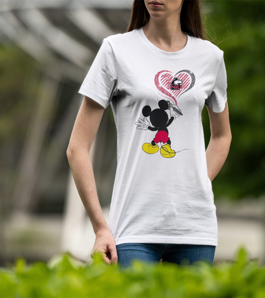 Mickey Mouse Drawing Northern Illinois University Huskies Logo In Heart Shape T-Shirt