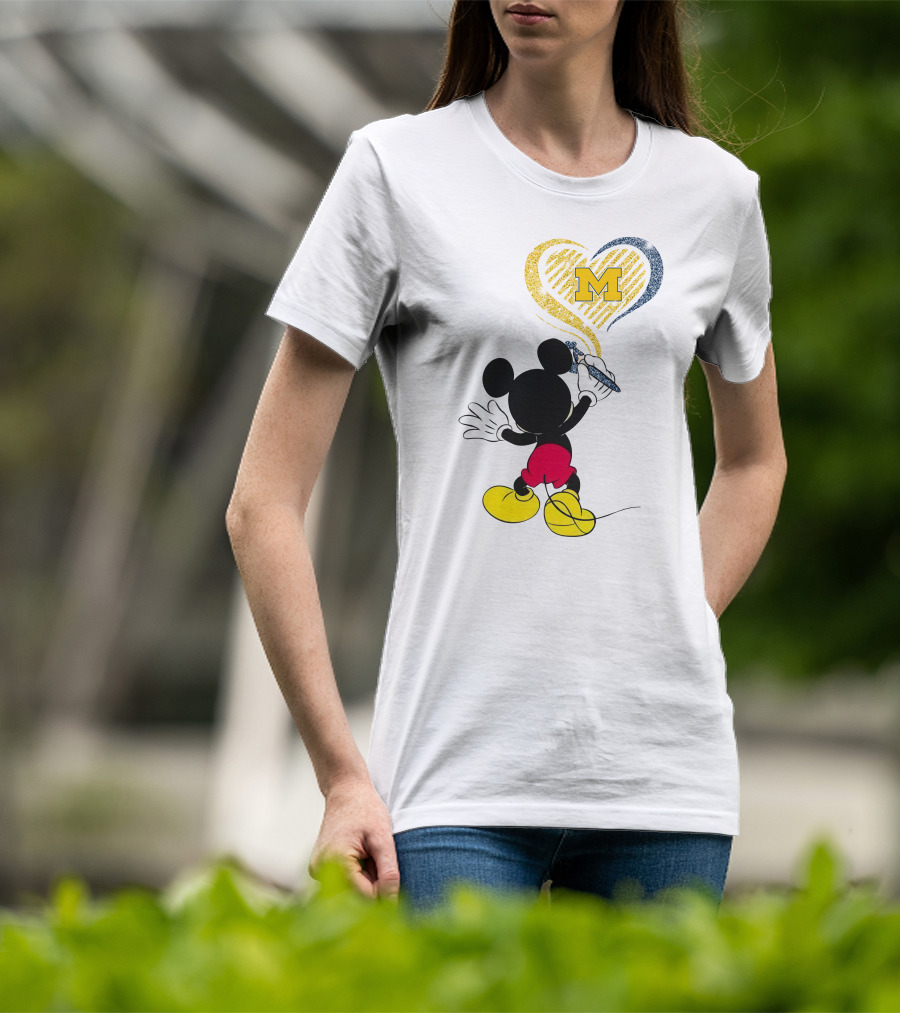 Michigan Wolverines M In Yellow And Blue Heart With Disney Mickey Character T-Shirt