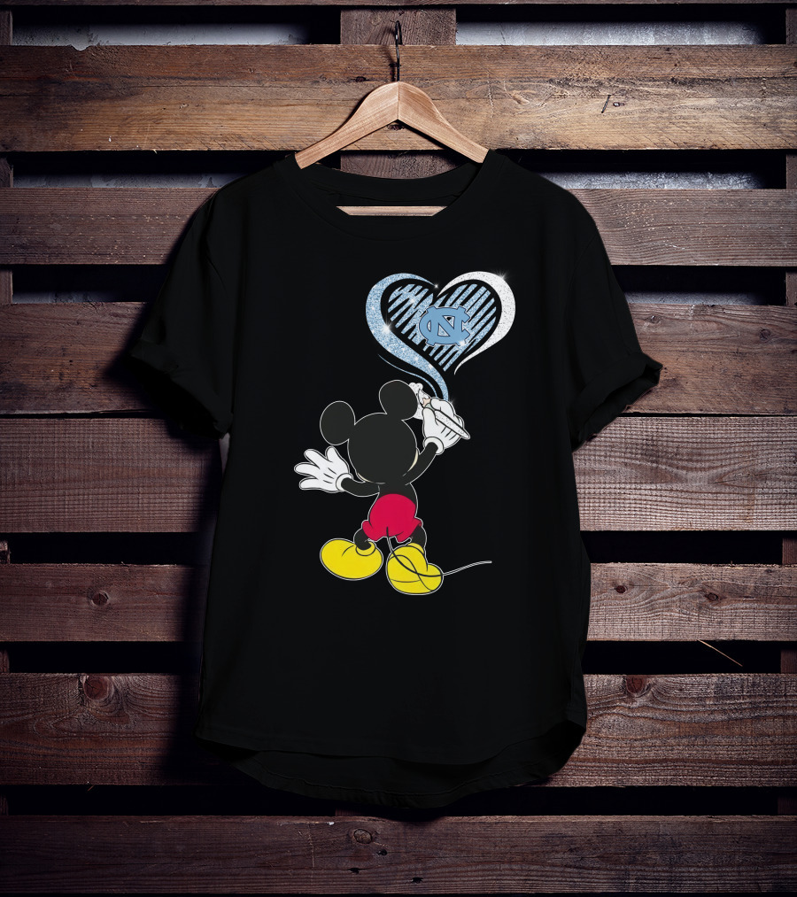 Mickey Mouse Drawing North Carolina Tar Heels In Heart Shape T-Shirt