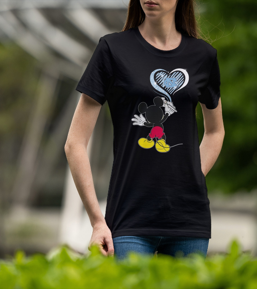 Mickey Mouse Drawing North Carolina Tar Heels In Heart Shape T-Shirt