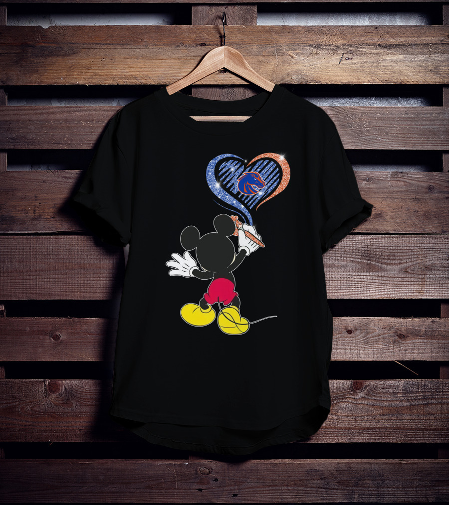Mickey Painting Blue And Orange Heart Boise State Broncos T-Shirt