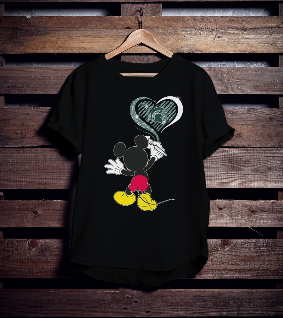 Mickey Mouse Drawing Heart Michigan State Spartans T-Shirt