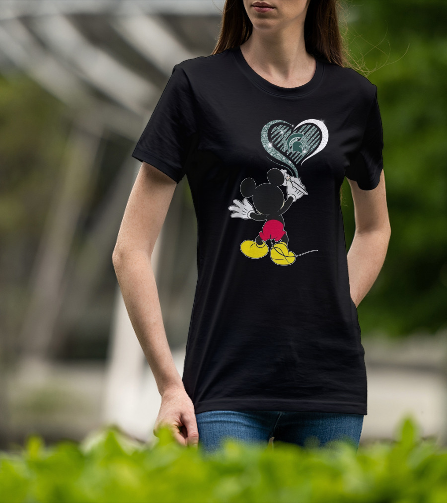 Mickey Mouse Drawing Heart Michigan State Spartans T-Shirt
