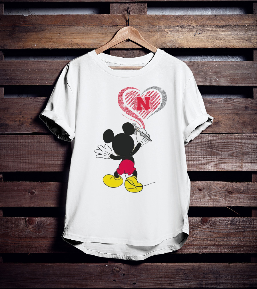 Mickey Mouse Nebraska Cornhuskers Heart Drawing T-Shirt