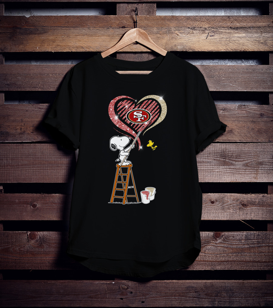 Snoopy Painting San Francisco 49ers Heart With Woodstock T-Shirt