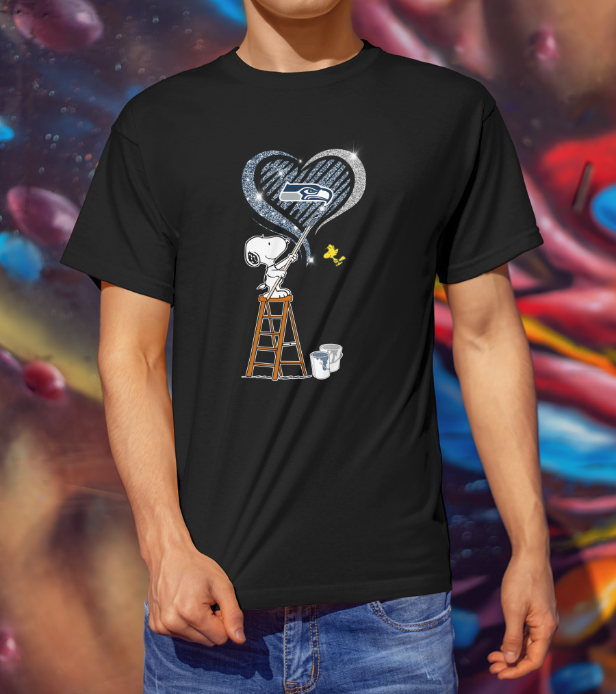 Snoopy Painting Seattle Seahawks Logo Heart With Woodstock T-Shirt