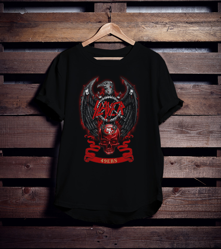 Slayer Sf 49ers Skull Nfl 28 Ravens Wings Crest T-Shirt