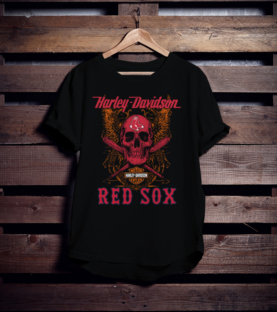 Harley Davidson Red Sox Skull Wings Motor Cycles T-Shirt