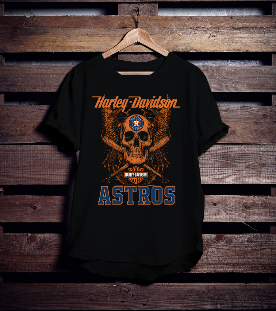Harley Davidson Houston Astros Motor Cycles Skull Wings Crossed Bats T-Shirt