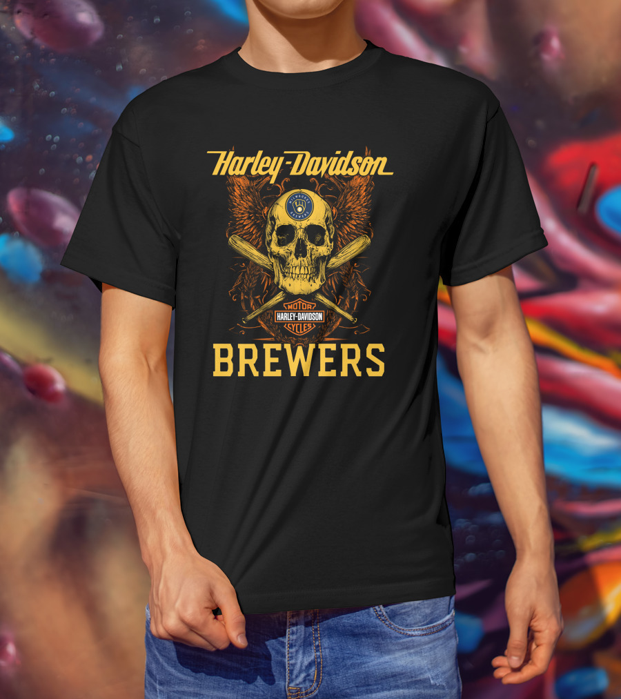 Harley Davidson Skull And Crossed Bats Milwaukee Brewers Motor Cycles T-Shirt