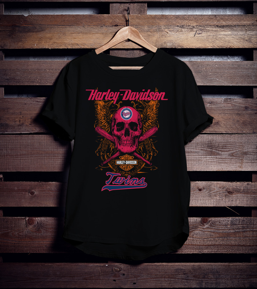 Harley Davidson Twins Skull With Minnesota Logo And Bats T-Shirt