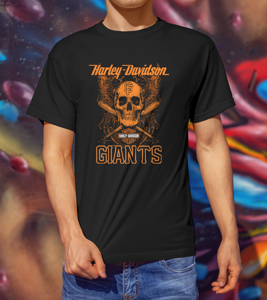 Harley Davidson San Francisco Giants Skull Wings Crossed Bats T-Shirt