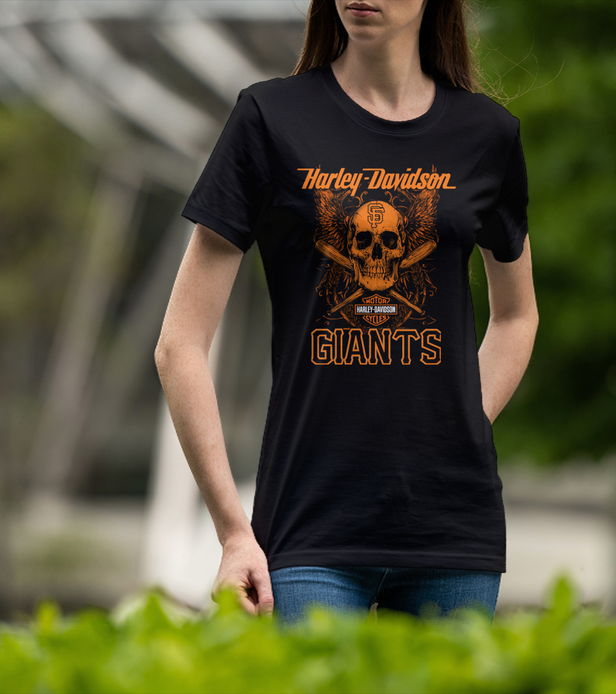 Harley Davidson San Francisco Giants Skull Wings Crossed Bats T-Shirt