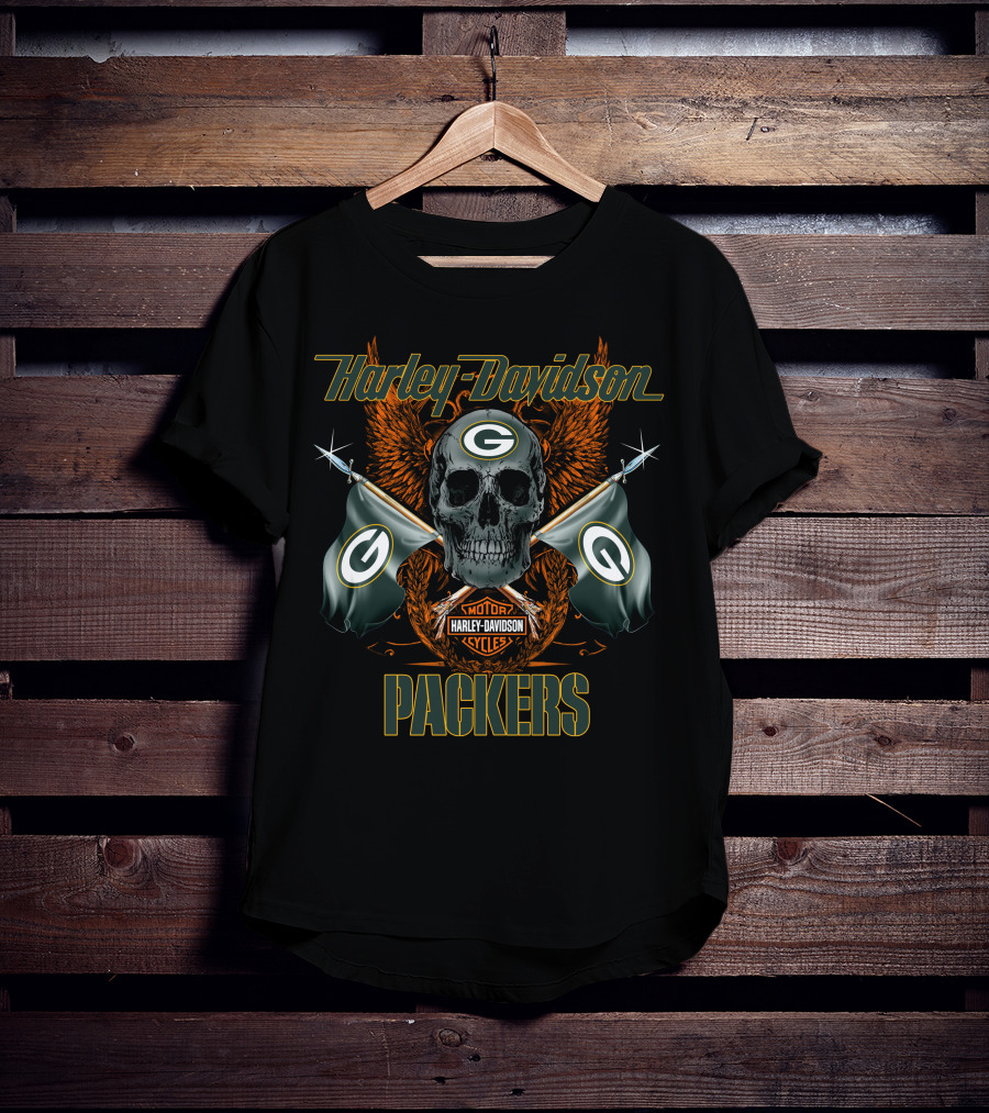 Harley Davidson Packers Skull Flags Green Bay T-Shirt