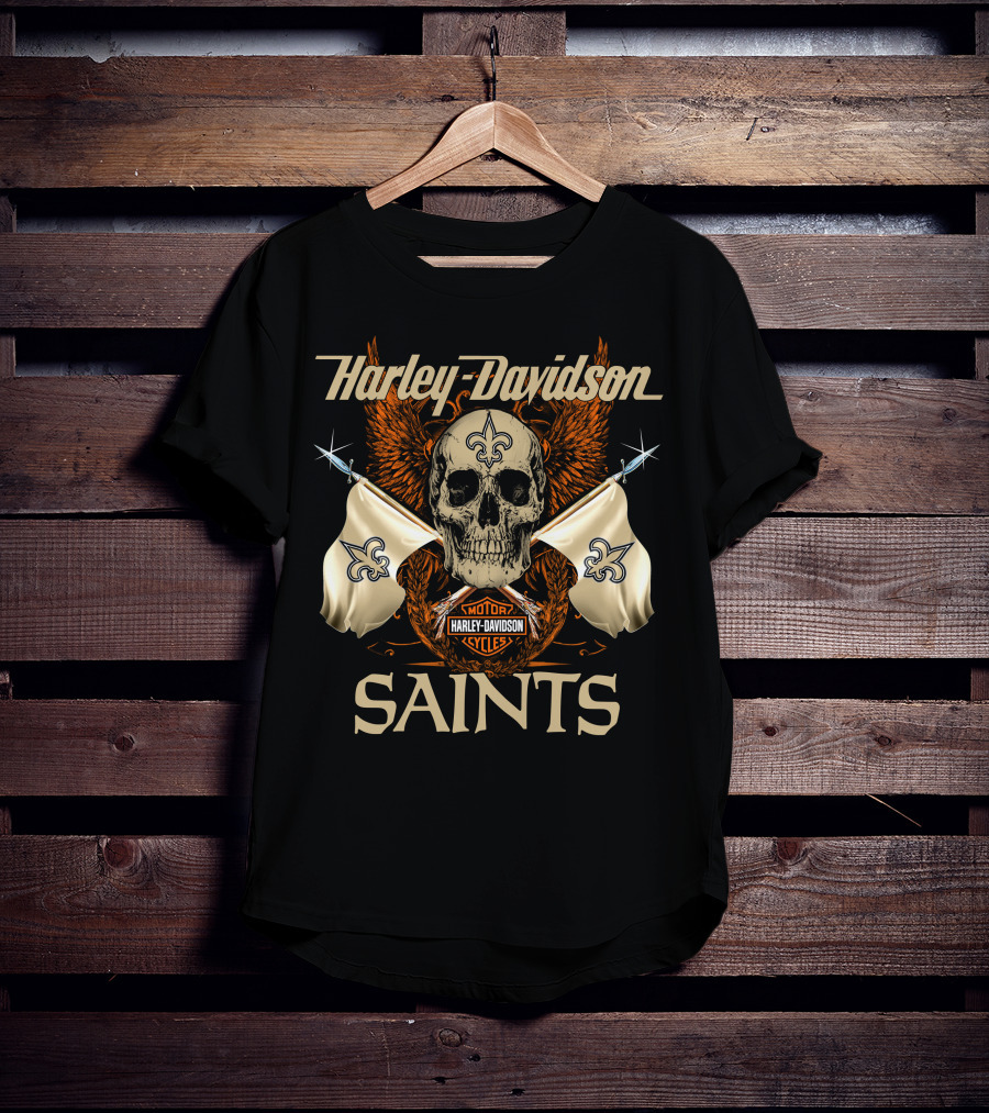 Harley Davidson Saints Skull With Fleur-De-Lis Flags And Wings T-Shirt
