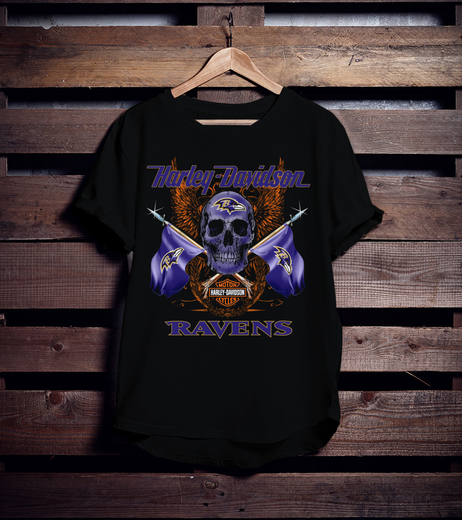 Harley Davidson Ravens Skull With Flags And Motorcycles T-Shirt
