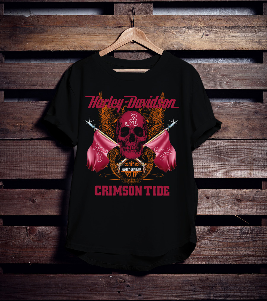 Crimson Tide Harley Davidson Skull And Flags T-Shirt