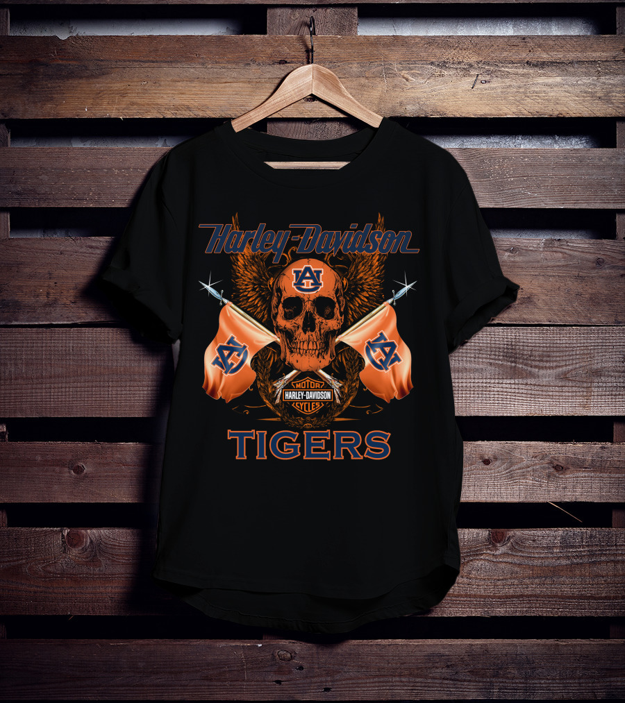 Harley Davidson Auburn Tigers Skull And Flags T-Shirt
