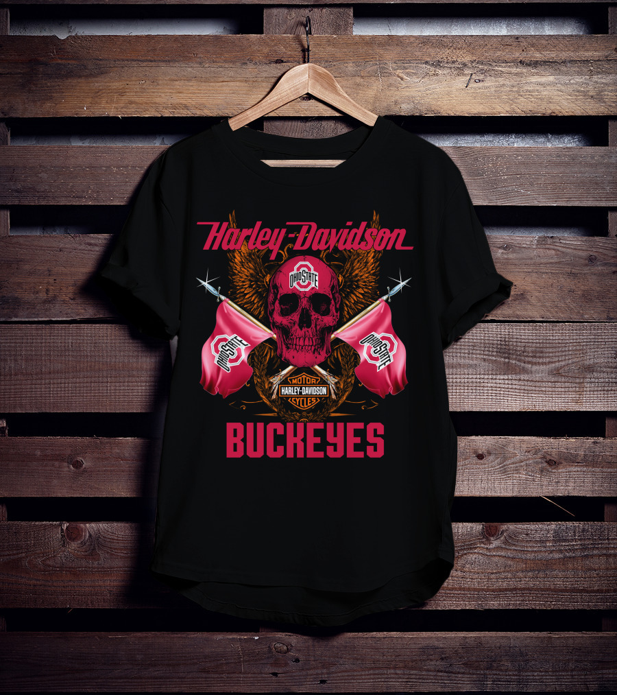 Harley Davidson Ohio State Buckeyes Skull Flag Fan T-Shirt