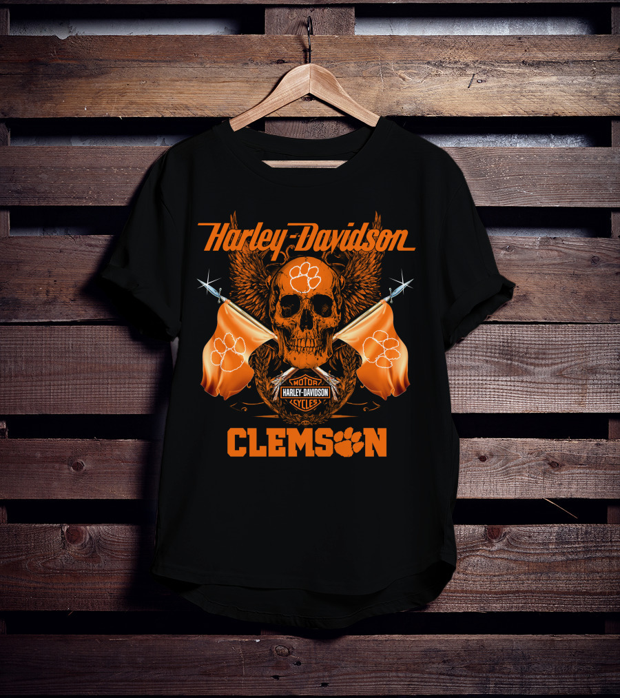 Harley Davidson Clemson Skull With Orange Flags And Paw Print T-Shirt