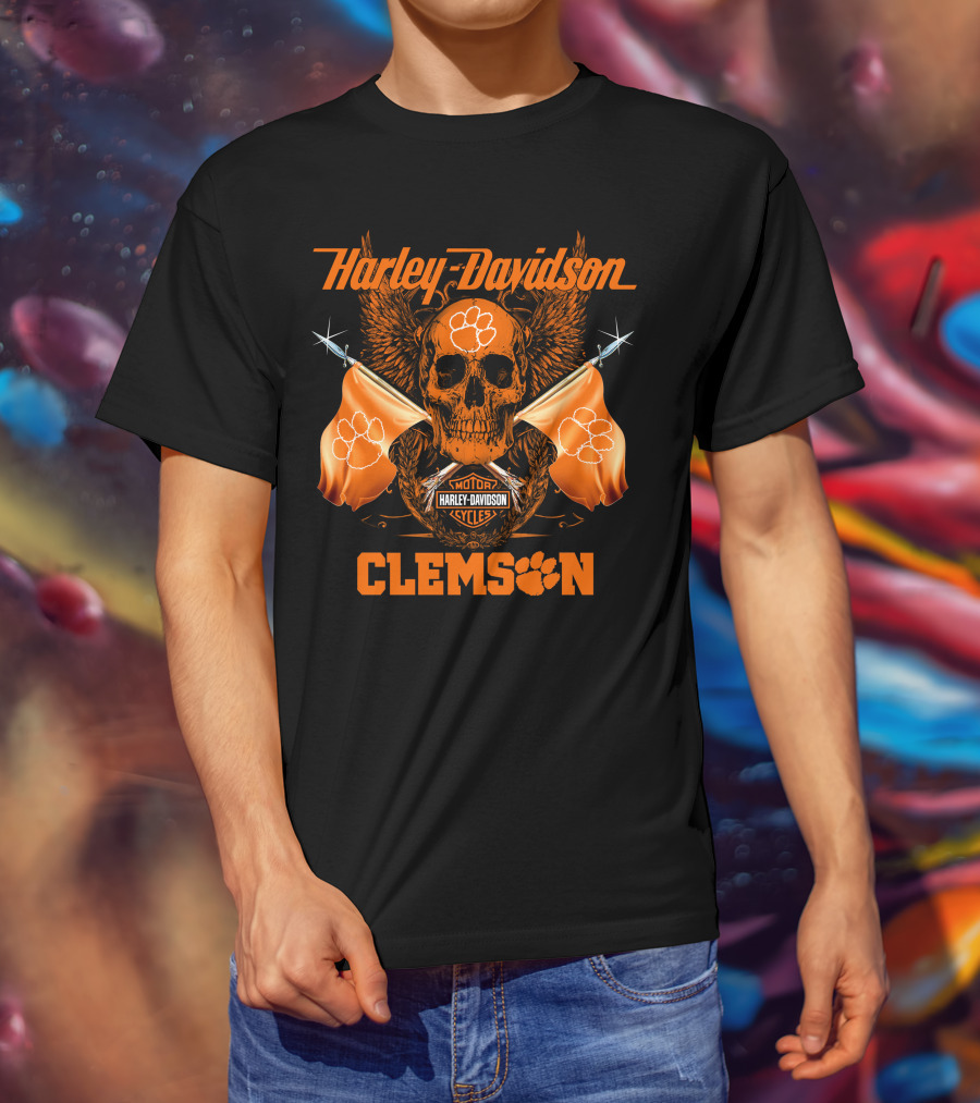 Harley Davidson Clemson Skull With Orange Flags And Paw Print T-Shirt
