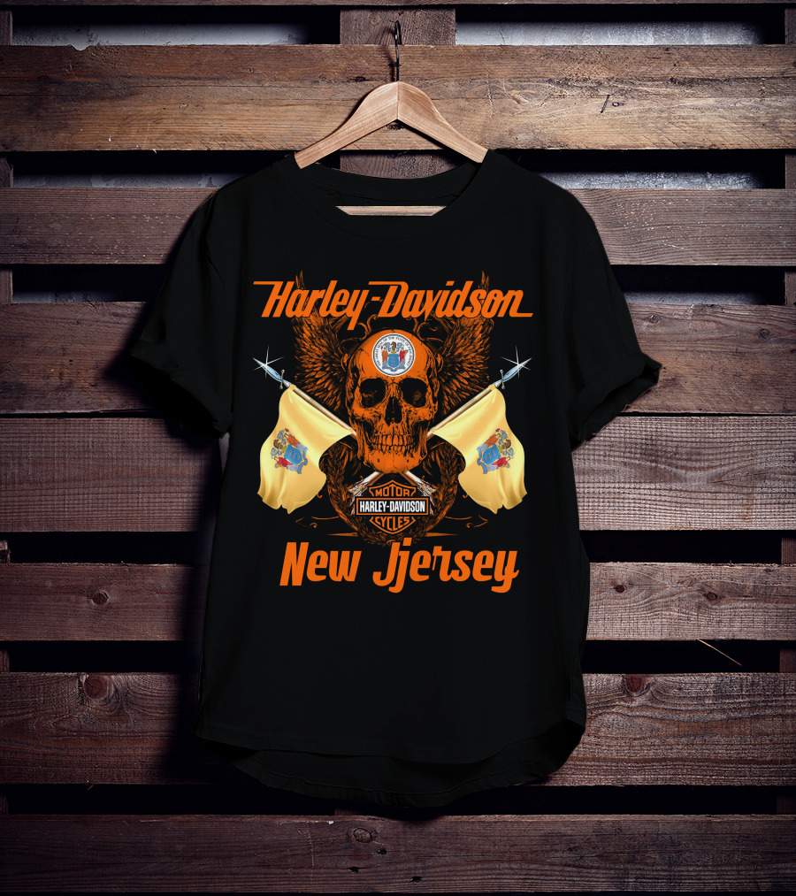 Harley Davidson New Jersey Skull Flags Motorcycle Cycles T-Shirt