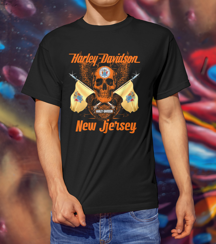 Harley Davidson New Jersey Skull Flags Motorcycle Cycles T-Shirt