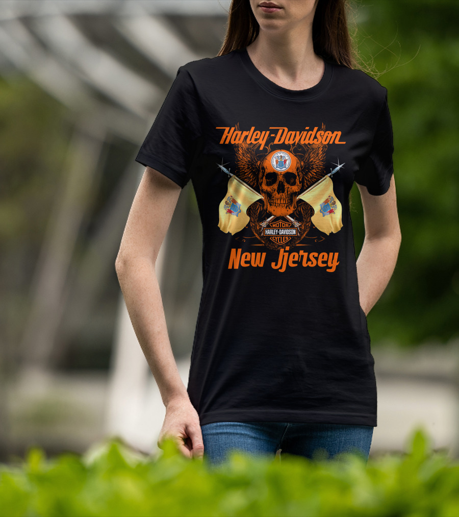 Harley Davidson New Jersey Skull Flags Motorcycle Cycles T-Shirt