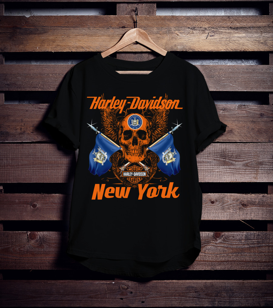 Harley Davidson New York Skull With State Flags And Motor Cycles T-Shirt