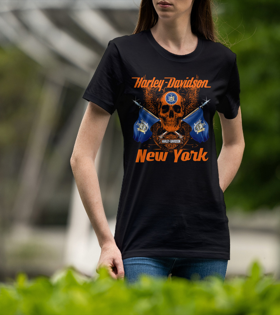 Harley Davidson New York Skull With State Flags And Motor Cycles T-Shirt