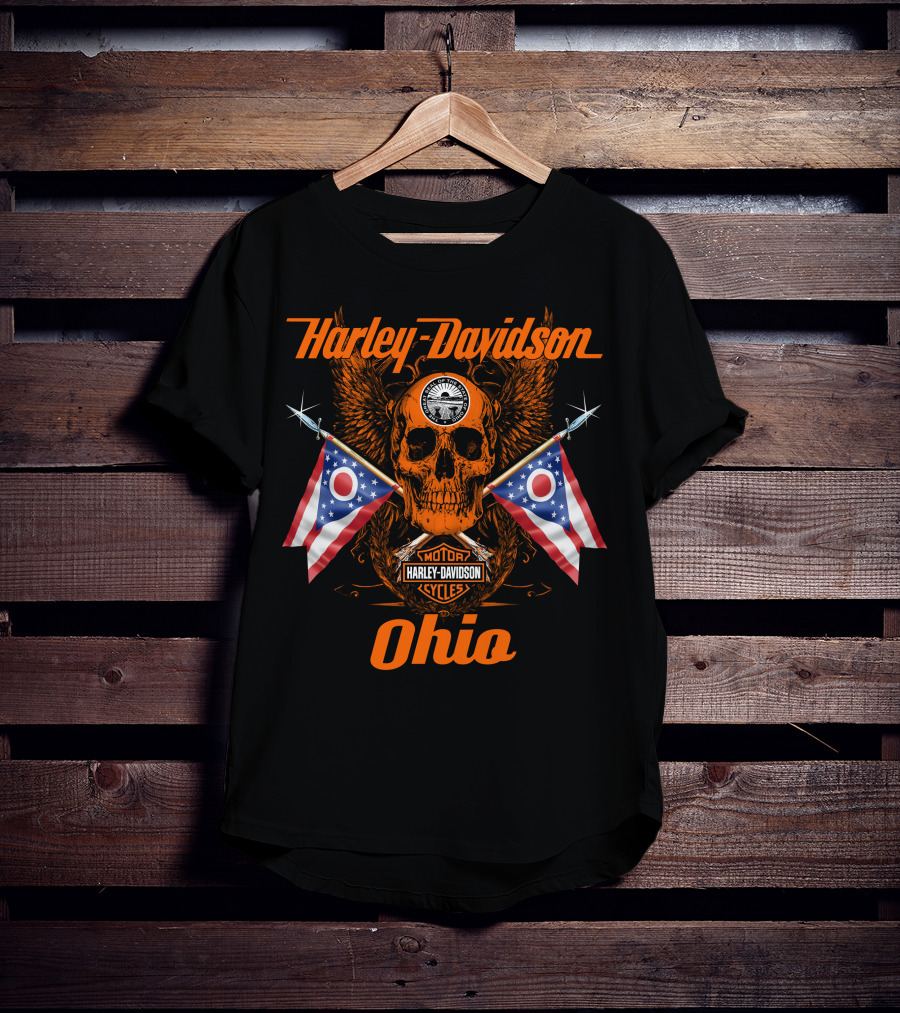 Harley Davidson Ohio Skull With Flags And Wings T-Shirt