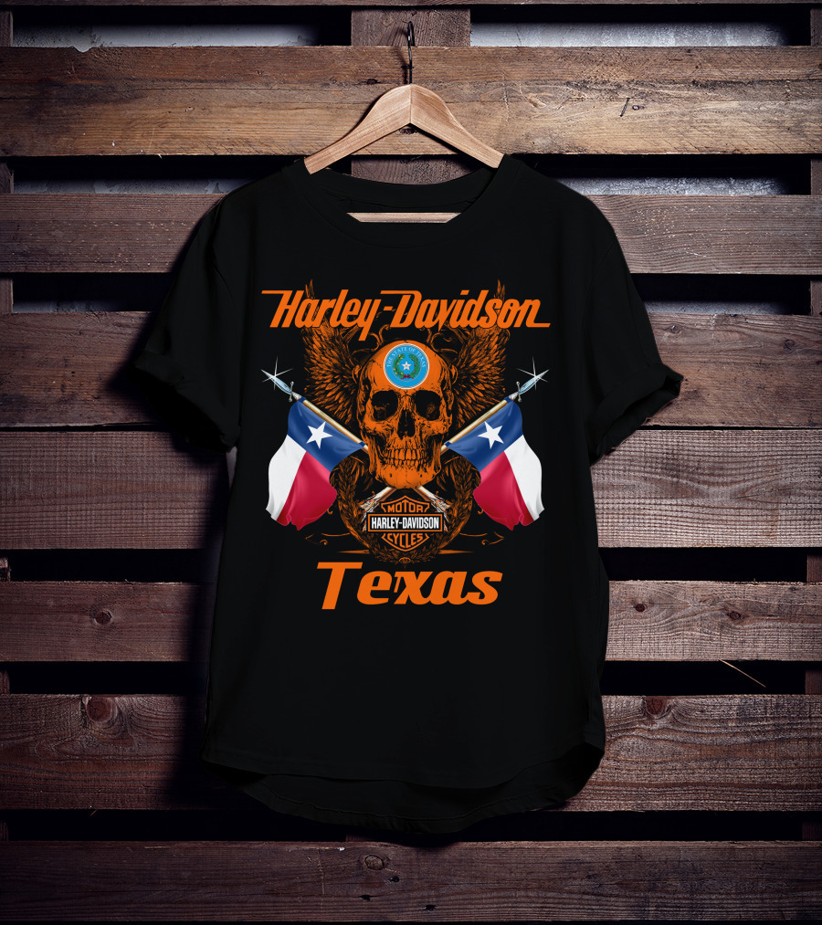 Harley Davidson Texas Skull And Crossed Flags With State Seal And Cycles T-Shirt