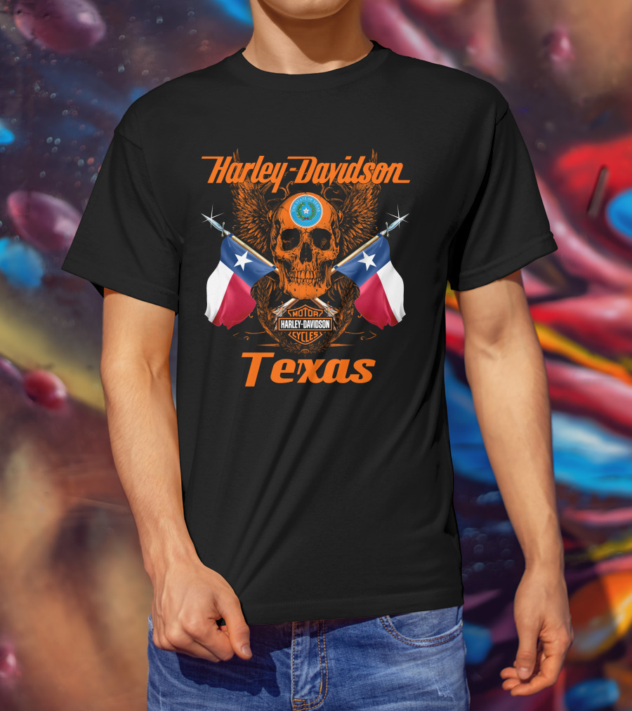 Harley Davidson Texas Skull And Crossed Flags With State Seal And Cycles T-Shirt