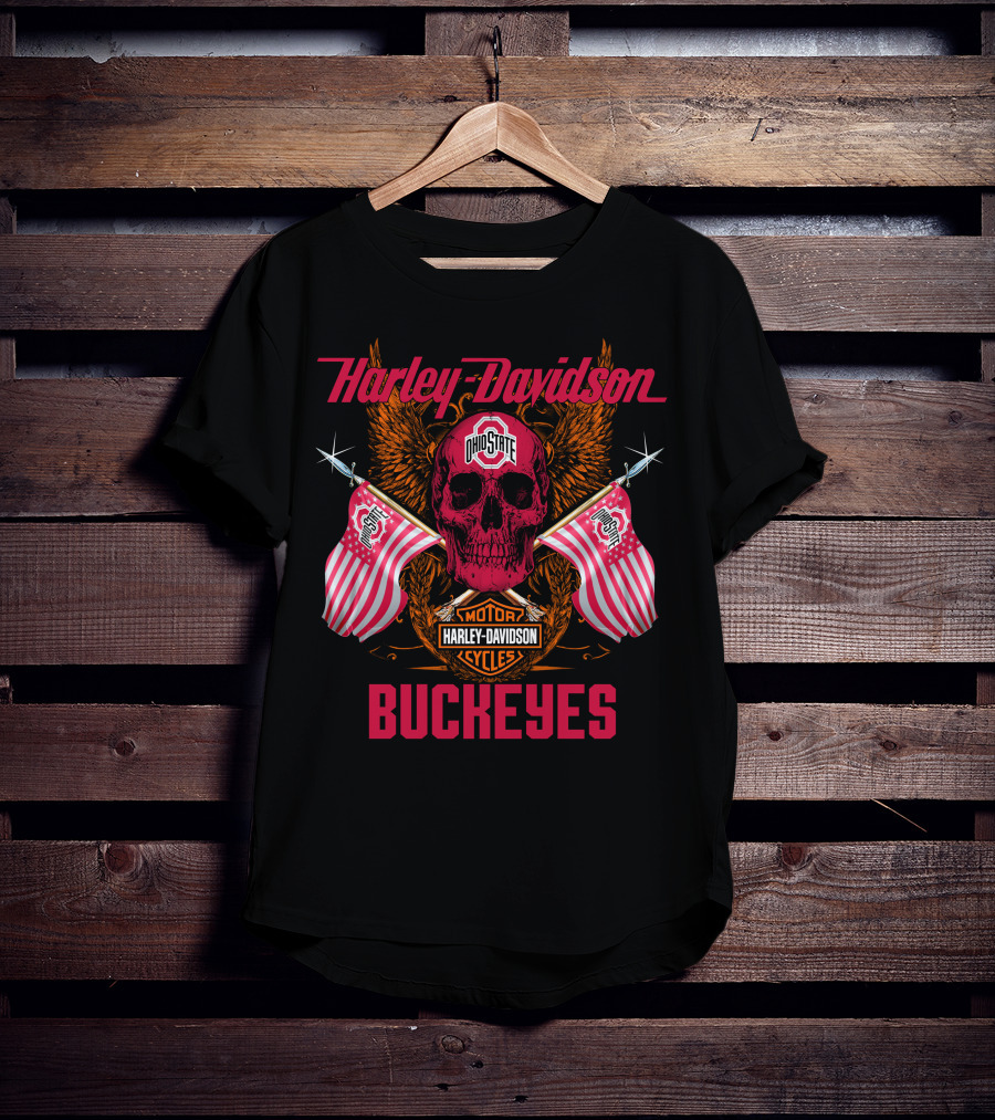 Harley Davidson Ohio State Buckeyes Motor Cycles Flags Skull T-Shirt