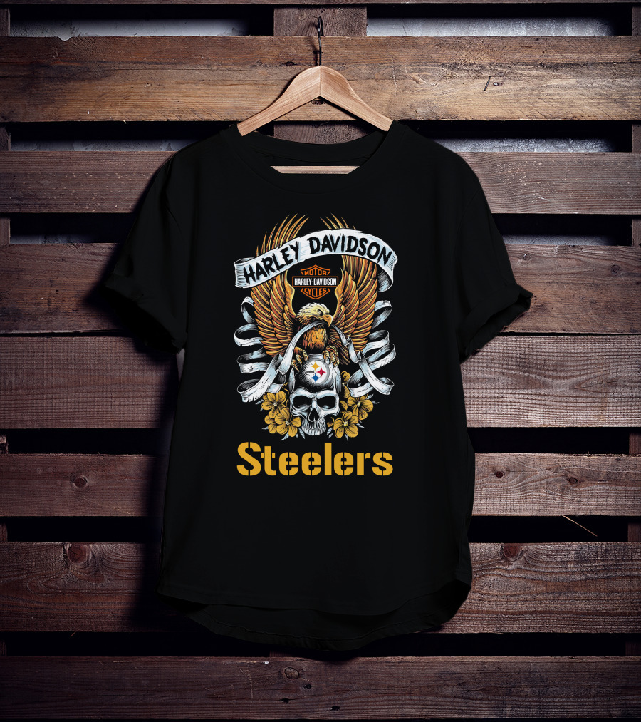 Harley Davidson Motor Cycles Pittsburgh Steelers Skull And Eagle T-Shirt
