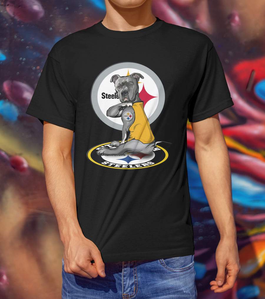Pittsburgh Steelers Dog With Logo Tattoo And Yellow Vest T-Shirt