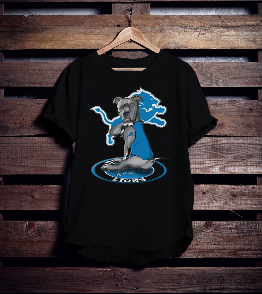 Detroit Lions Dog In Blue Jersey With Team T-Shirt