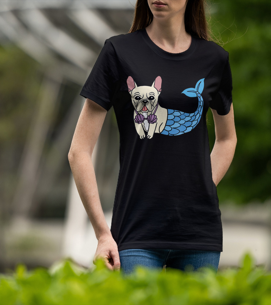 Cream French Bulldog Mermaid With Shell Bra Funny Do T-Shirt