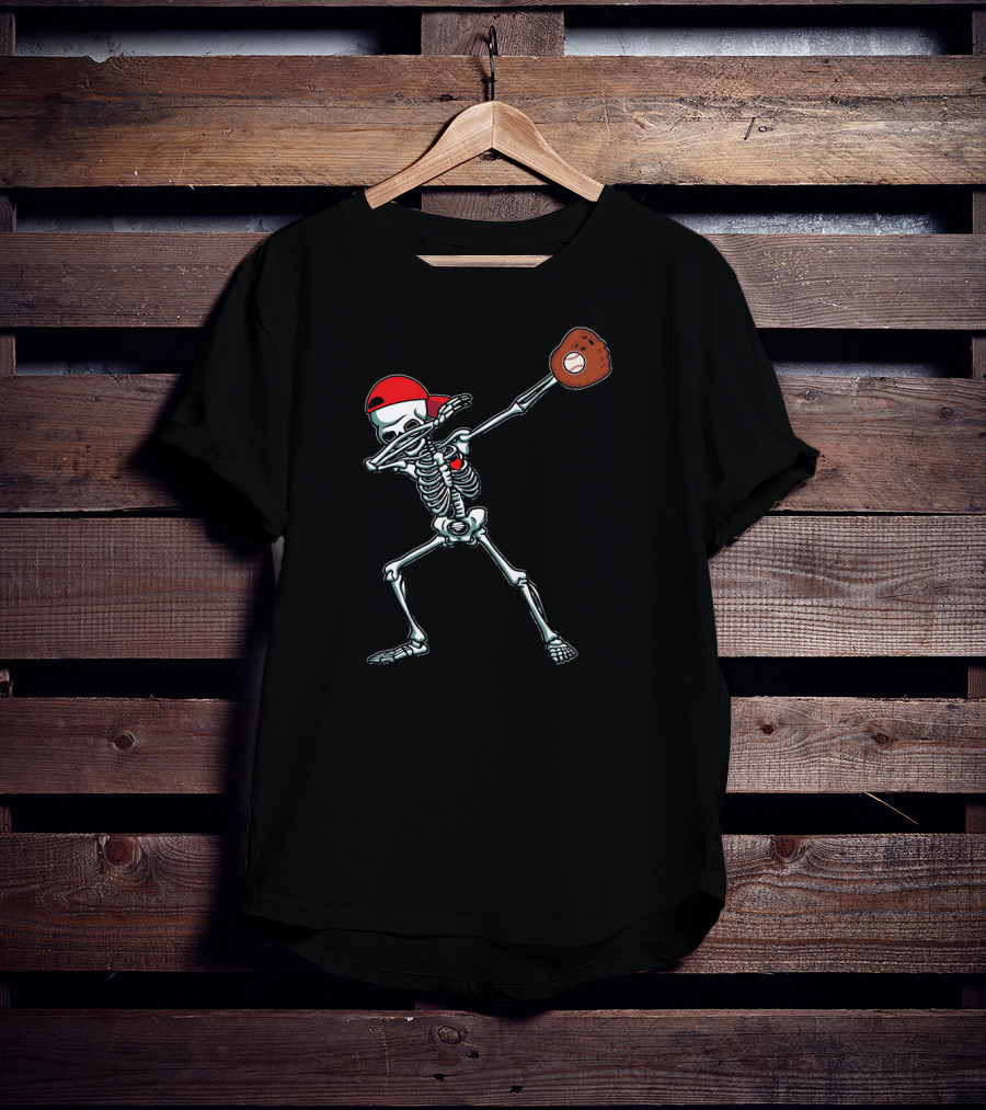 Skeleton Dabbing In Red Cap With Baseball Glove T-Shirt