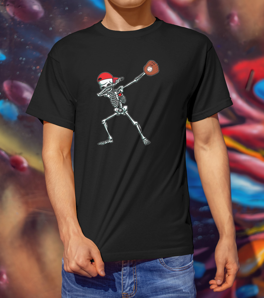 Skeleton Dabbing In Red Cap With Baseball Glove T-Shirt