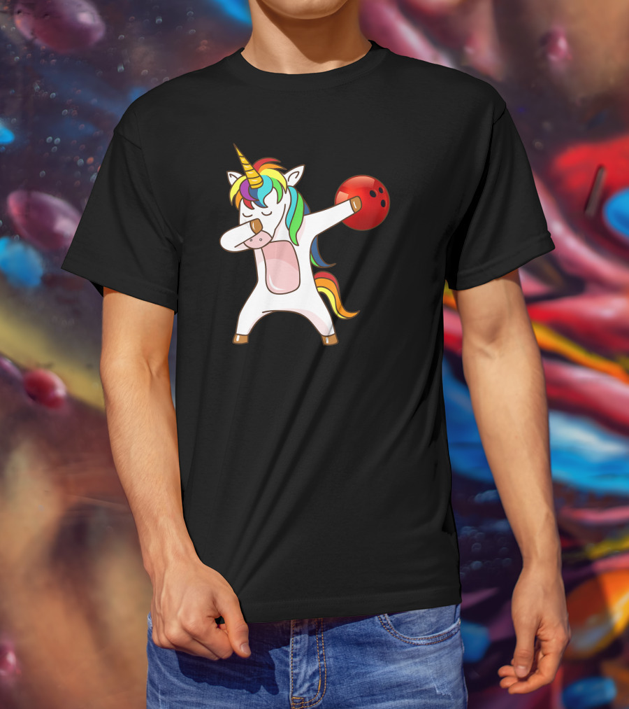 Dabbing Unicorn With Bowling Ball Rainbow Unico T-Shirt