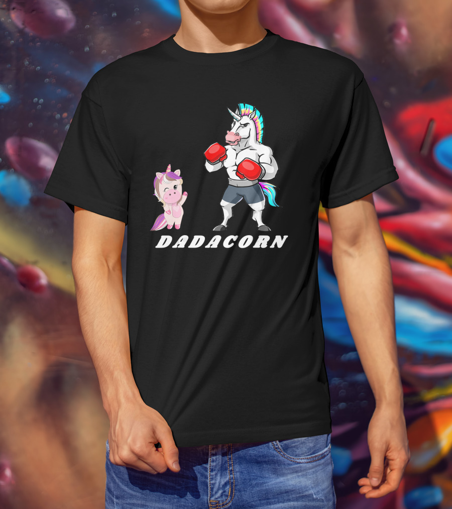 Dadacorn Boxing Unicorn Dad Baby With Muscle And Rainbow Mane T-Shirt