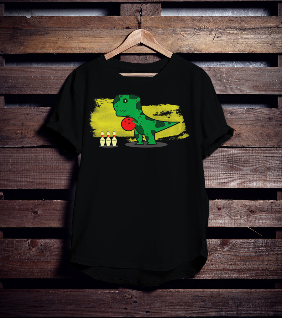 Dino Bowler With Red Bowling Ball And Pins In Yellow Splash Background T-Shirt