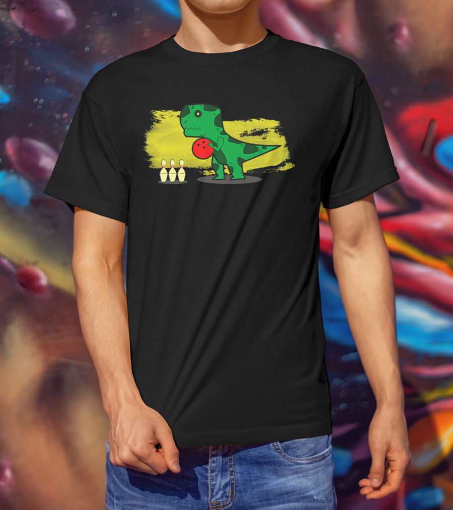Dino Bowler With Red Bowling Ball And Pins In Yellow Splash Background T-Shirt