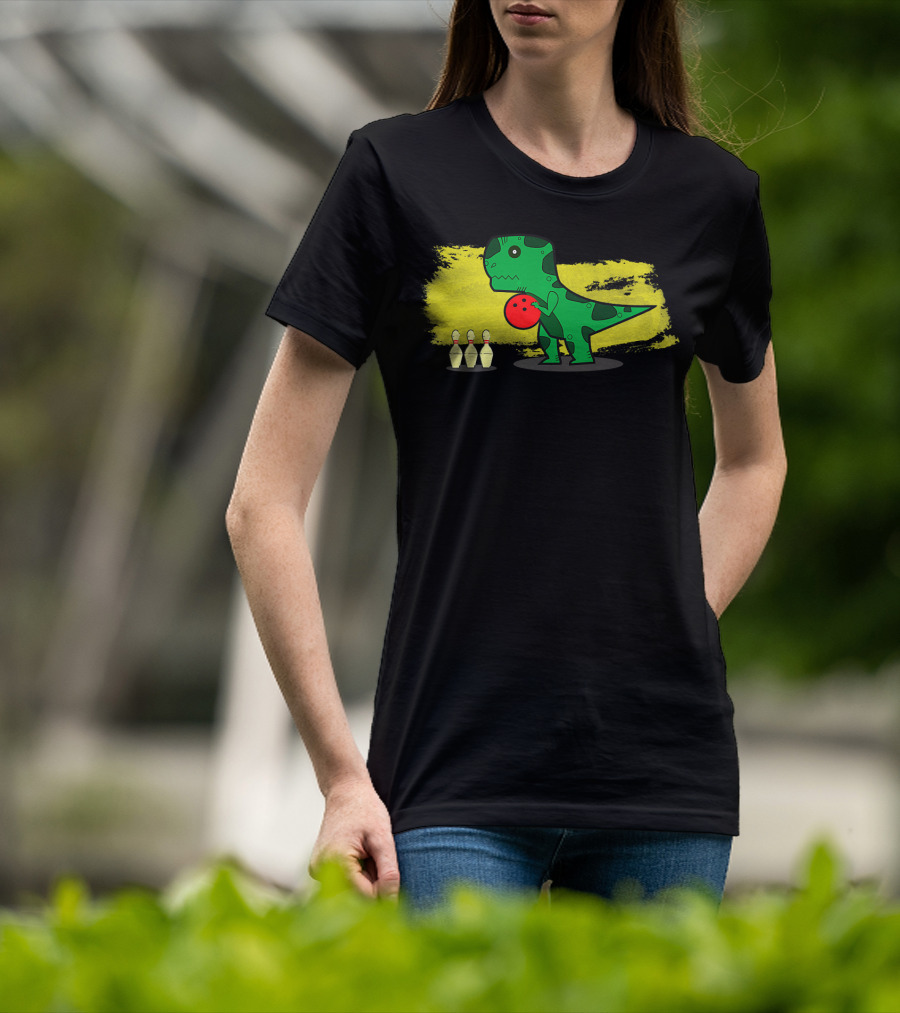 Dino Bowler With Red Bowling Ball And Pins In Yellow Splash Background T-Shirt