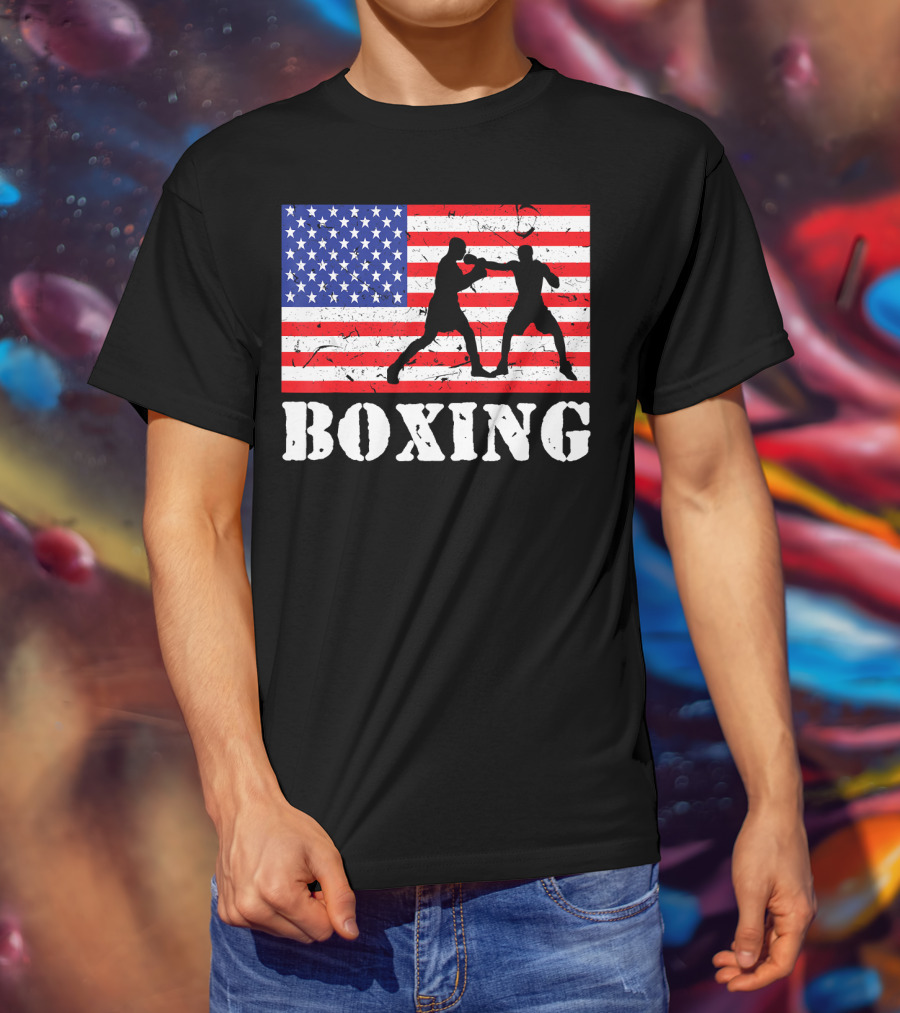 Distressed Boxing USA American Flag With Fighters T-Shirt