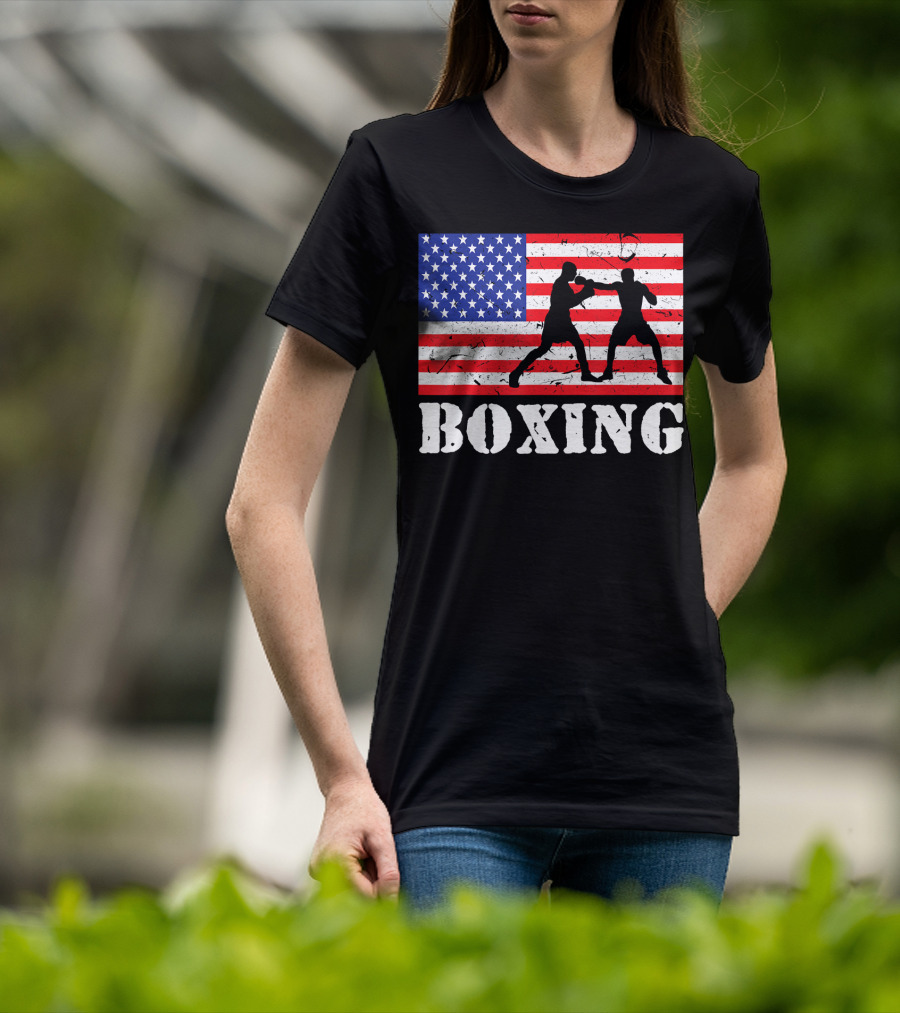 Distressed Boxing USA American Flag With Fighters T-Shirt