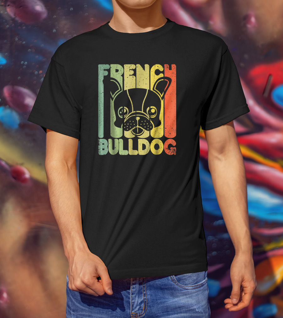 Distressed French Bulldog Vintage Rainbow Stripes T-Shirt