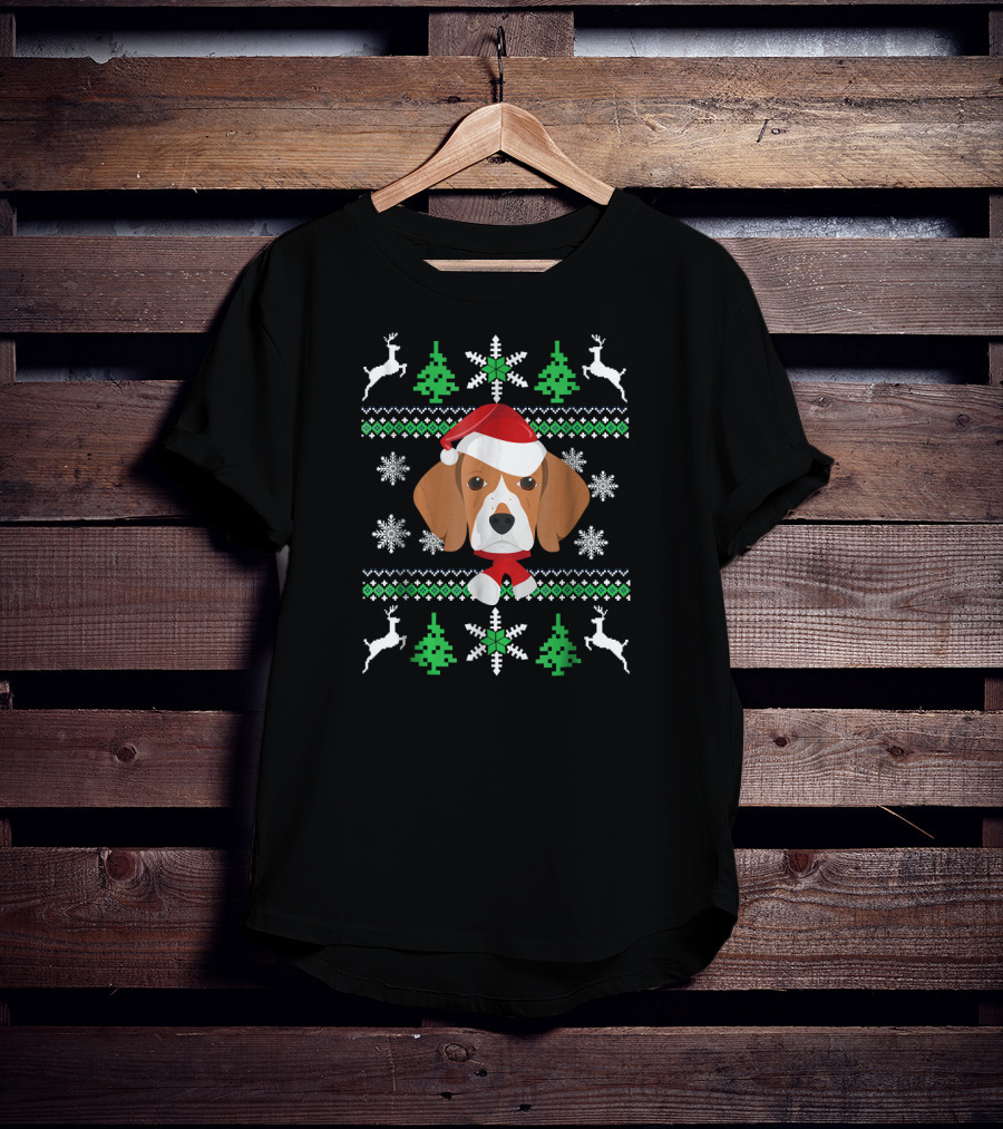 Beagle Santa Christmas Sweater With Snowflakes And Reindeer T-Shirt