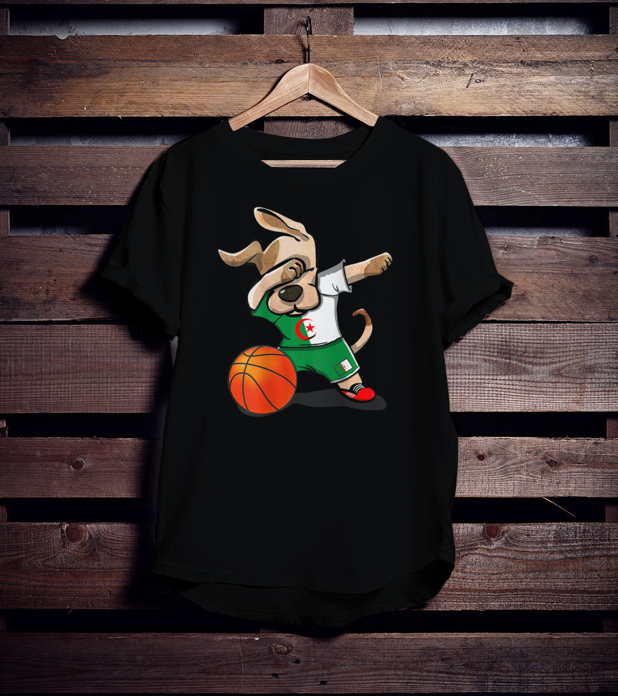 Dog Dabbing Basketball Algeria Flag Jersey T-Shirt